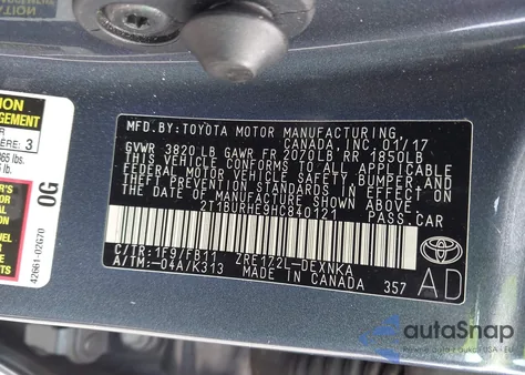 2017 Toyota Corolla Le z USA, uszkodzony, nr VIN 2T1BURHE9HC840121